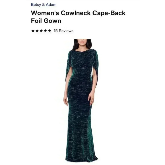 Betsy & Adam Women's Green Cowlneck Cape-Back Foil Gown Formal Dress sz 10 - Picture 6 of 11